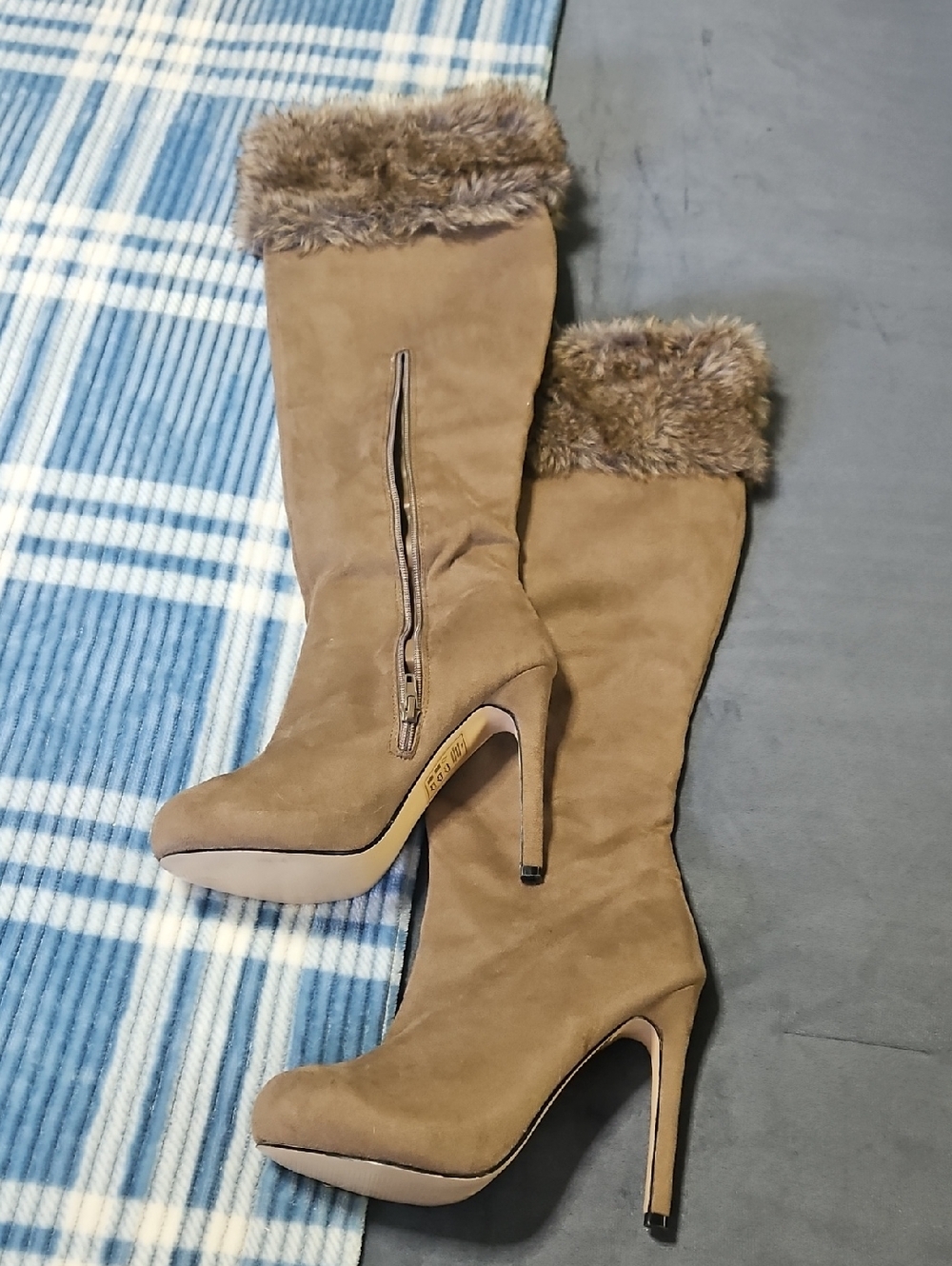 Women's Faux Fur Trim High Heel Knee Boots in Taupe